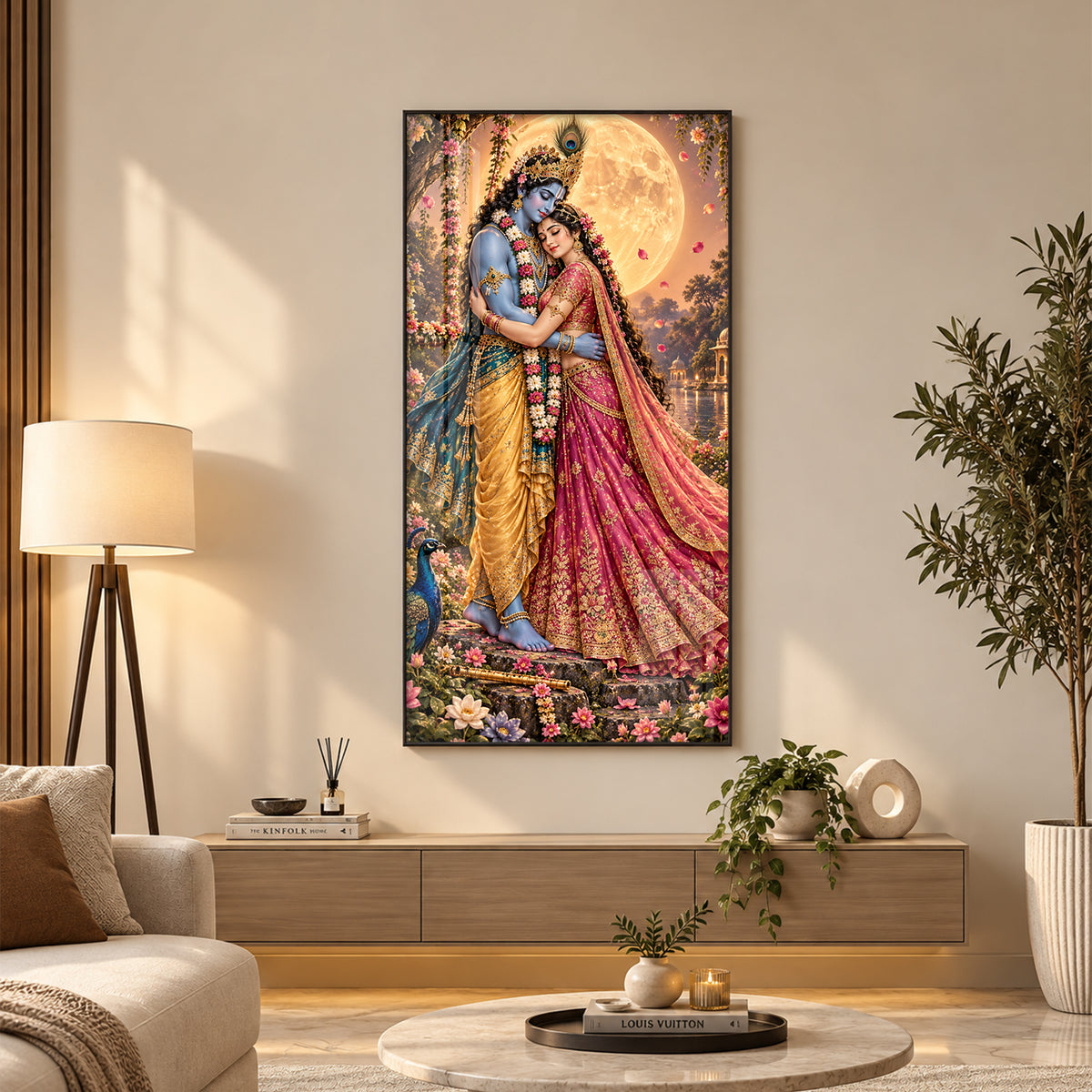 Shri Krishna and Radha in Night Glow Premium Acrylic Vertical Wall Art