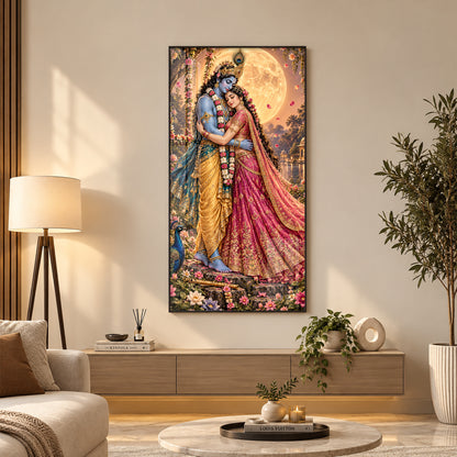 Shri Krishna and Radha in Night Glow Premium Acrylic Vertical Wall Art