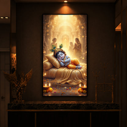 Sleeping Little Krishna Ji Modern Luxury Backlight Vertical Wall Art