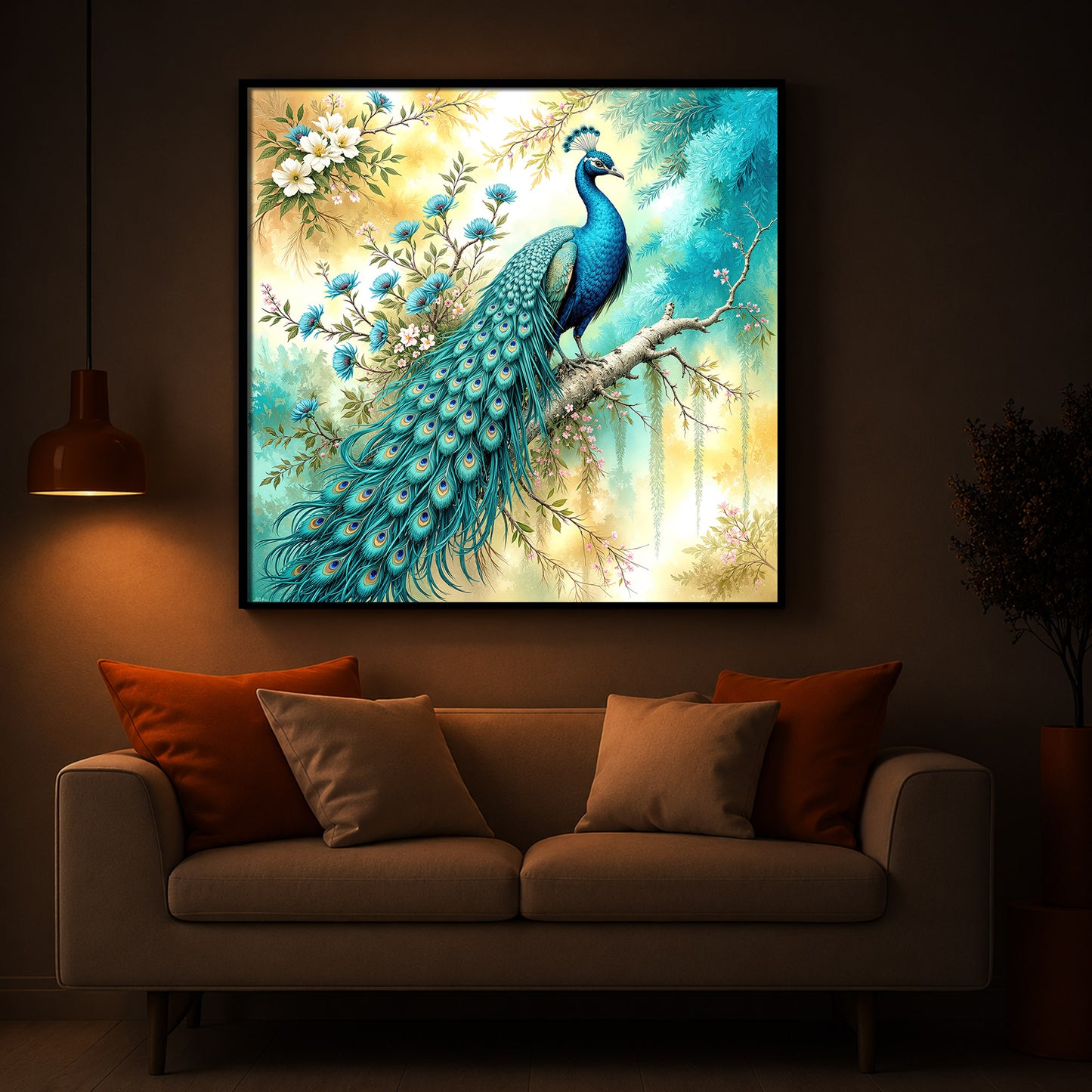 Peacock Perch Art Modern Luxury Backlight Square Wall Art