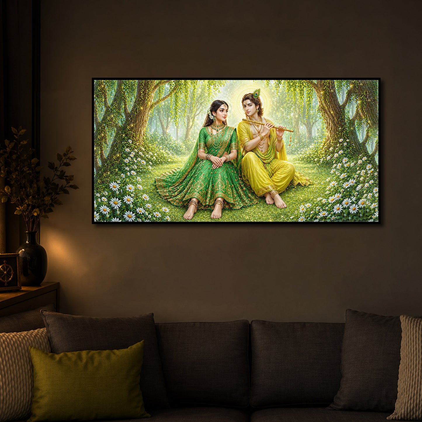 Divine Love Radhe Krishna Modern Luxury Backlight Horizontal Wall Art