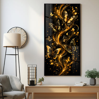 Graceful Golden Butterflies & Floral Swirls Premium Acrylic Vertical Wall Art