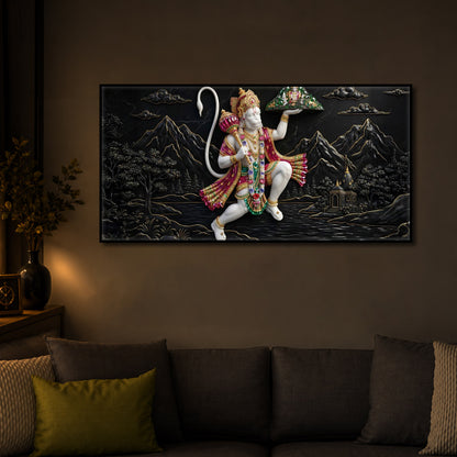 Lord Hanuman Carrying Sanjeevani Mountain Modern Luxury Backlight Horizontal Wall Art
