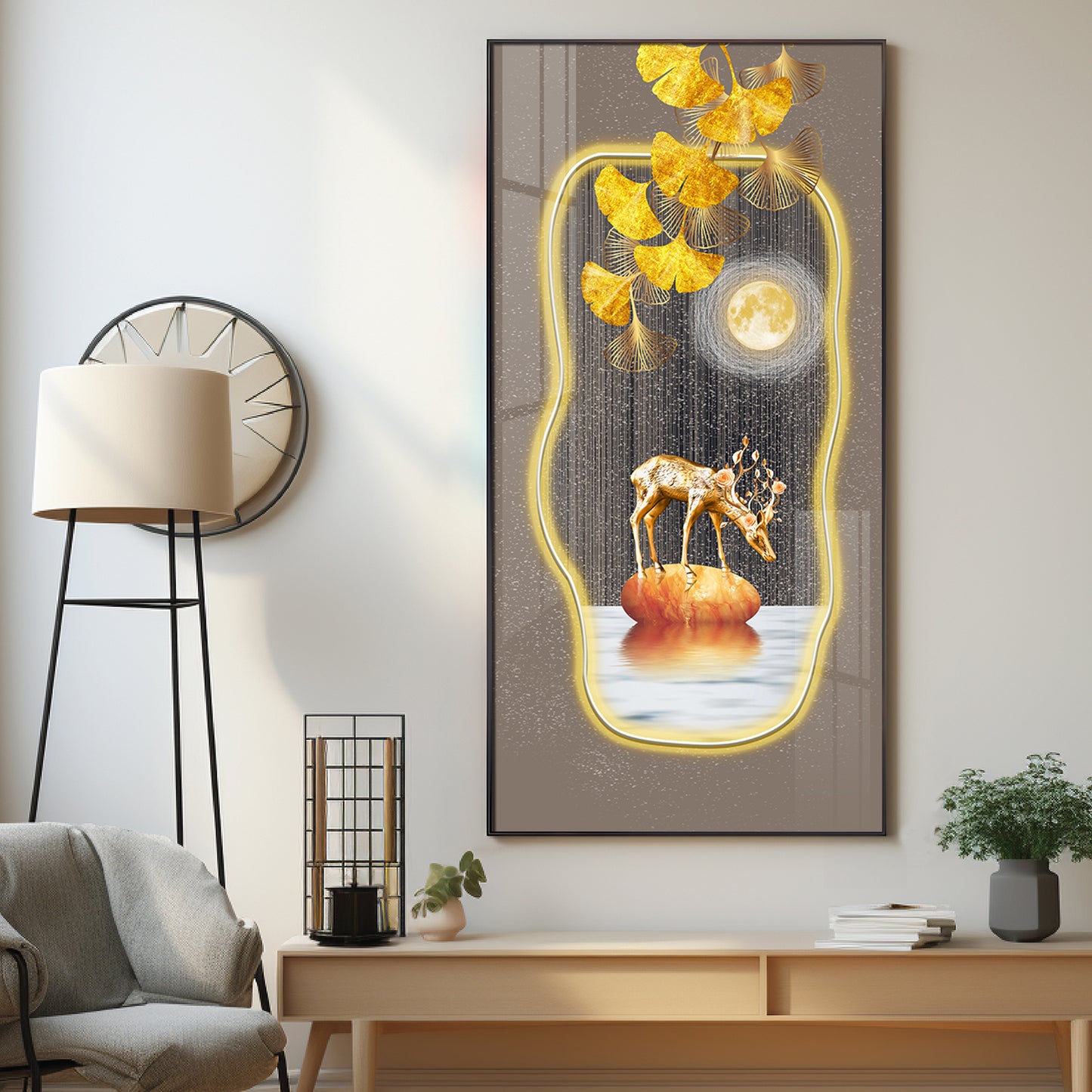 Golden Deer & Gingko Premium Acrylic Vertical Wall Art