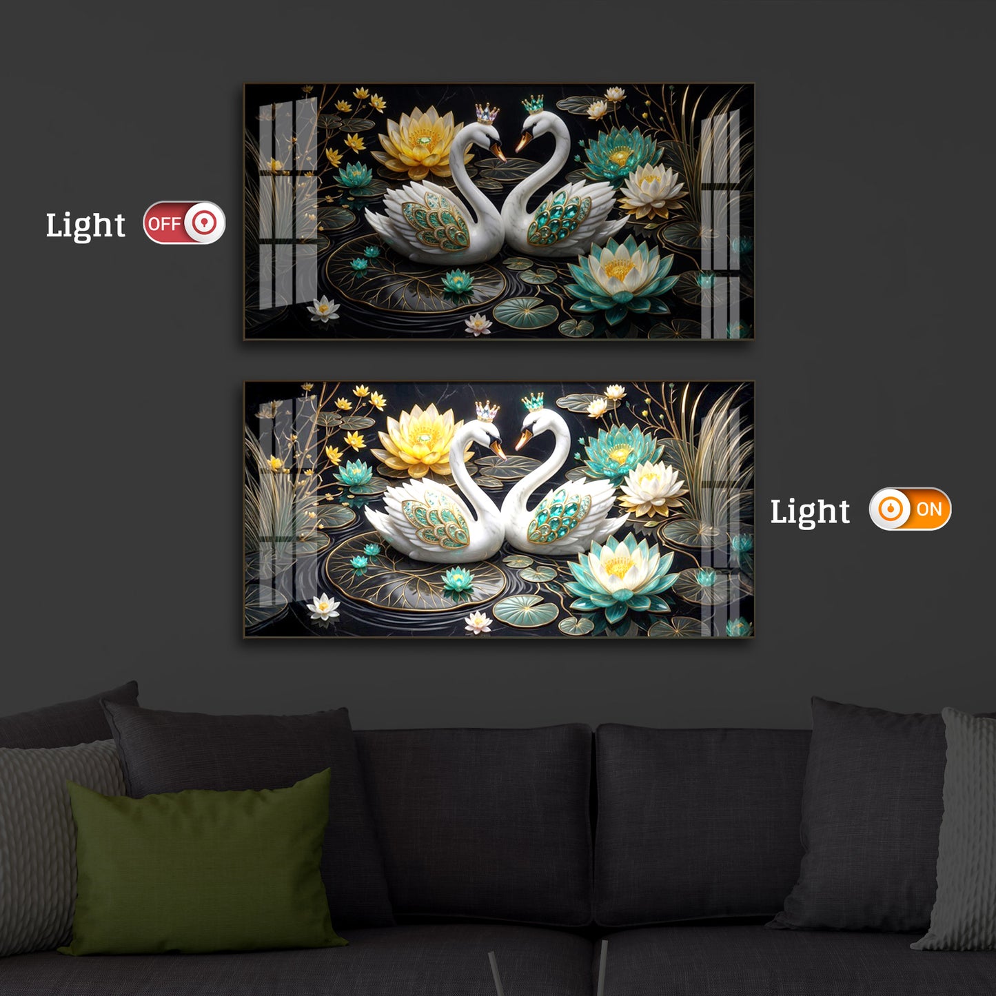 Pair Of White Swans Modern Luxury Backlight Horizontal Wall Art