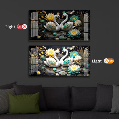 Pair Of White Swans Modern Luxury Backlight Horizontal Wall Art