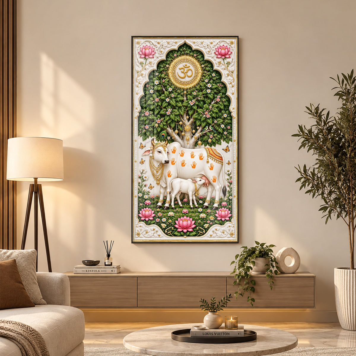 Kamdhenu Cow With Calf Premium Acrylic Vertical Wall Art
