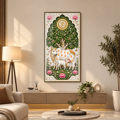 Kamdhenu Cow With Calf Premium Acrylic Vertical Wall Art