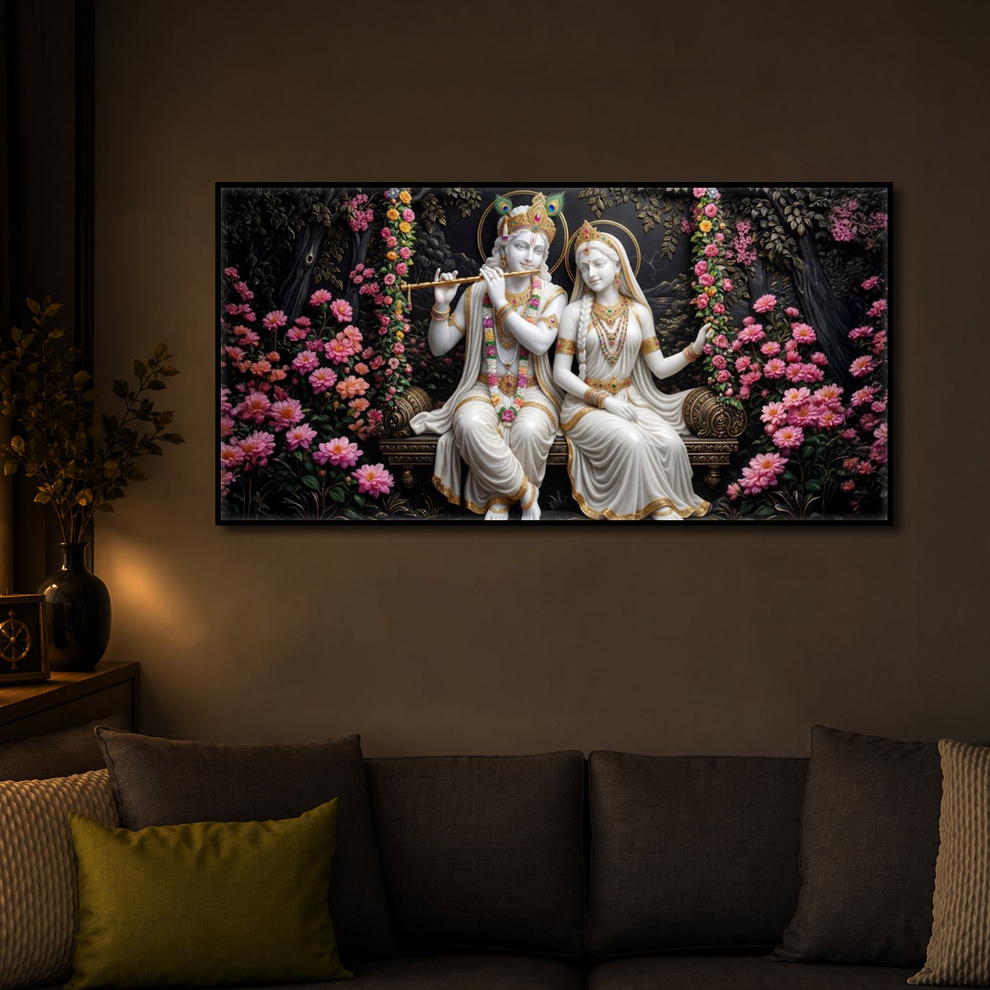 Radha Krishna With Flower Modern Luxury Backlight Horizontal Wall Art