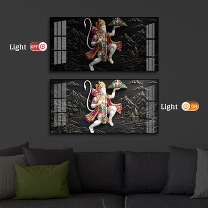 Lord Hanuman Carrying Sanjeevani Mountain Modern Luxury Backlight Horizontal Wall Art