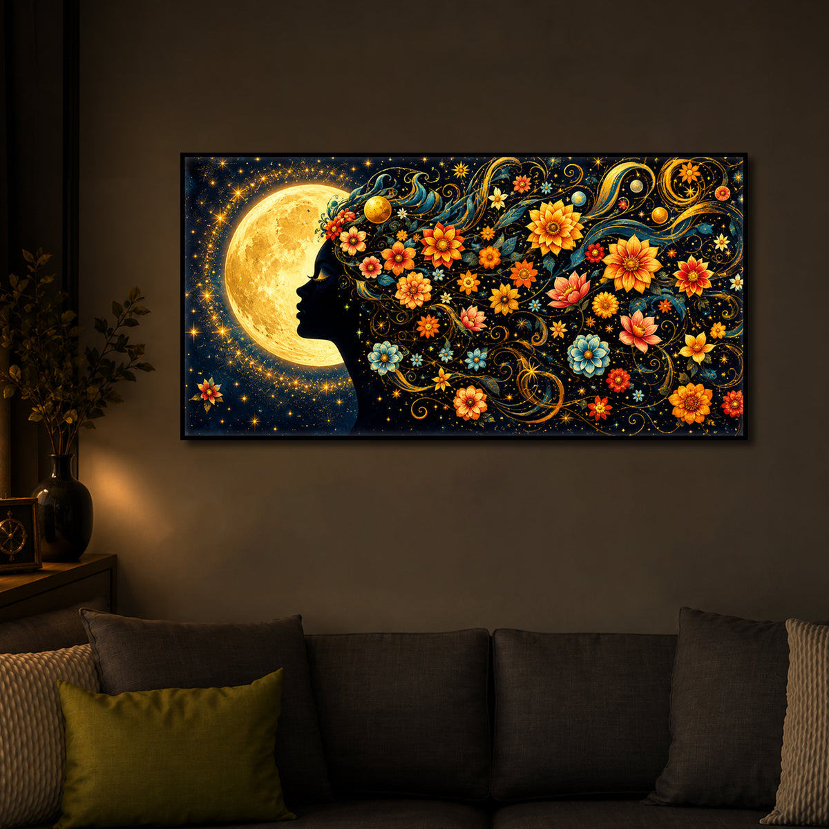 Dreamy Moon Girl Modern Luxury Backlight Horizontal Wall Art