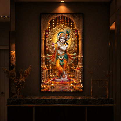 Lord Krishna Playing Flute In Standing Pose Modern Luxury Backlight Vertical Wall Art