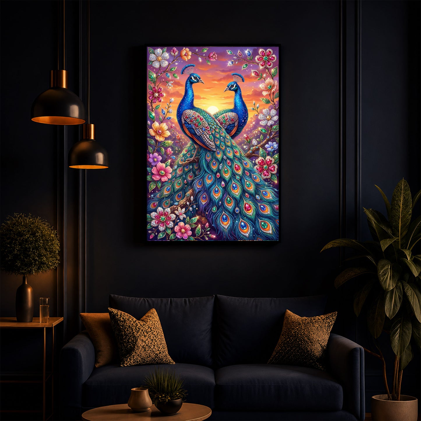 Majestic Pair Of Peacocks Modern Luxury Backlight Vertical Wall Art