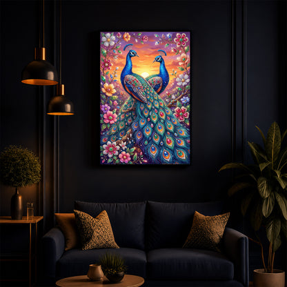 Majestic Pair Of Peacocks Modern Luxury Backlight Vertical Wall Art