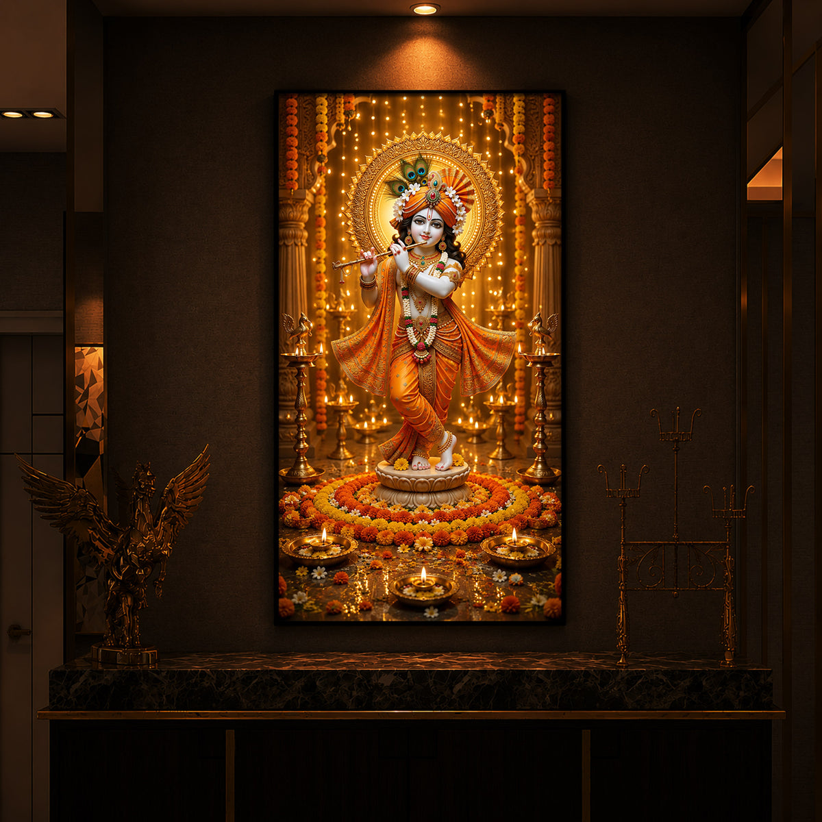 Beautiful Divine Krishna With Flute Modern Luxury Backlight Vertical Wall Art