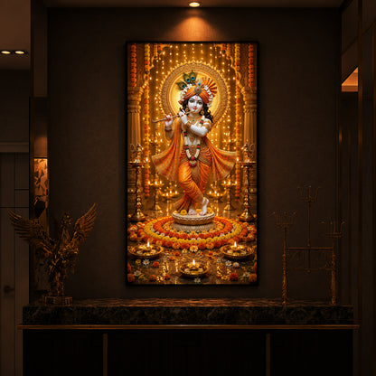 Beautiful Divine Krishna With Flute Modern Luxury Backlight Vertical Wall Art