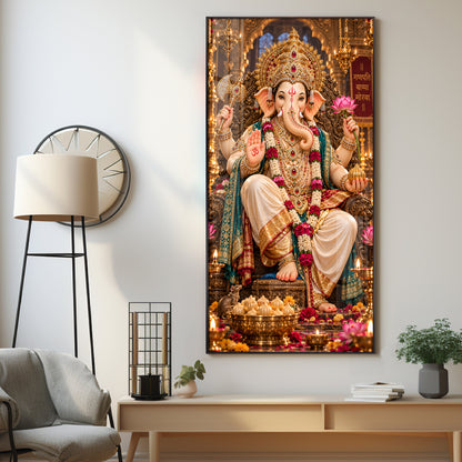 Ganpati Bappa Morya Golden Throne Premium Acrylic Vertical Wall Art