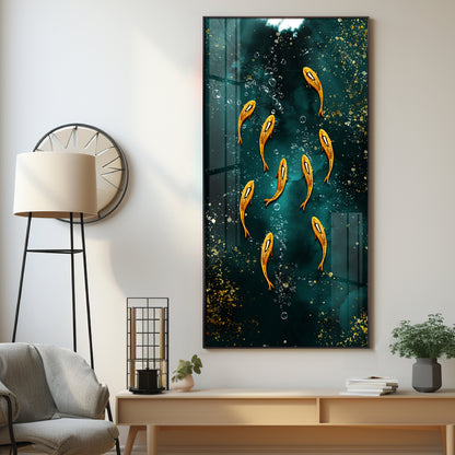 Golden Koi Fishes in Greenery Premium Acrylic Vertical Wall Art