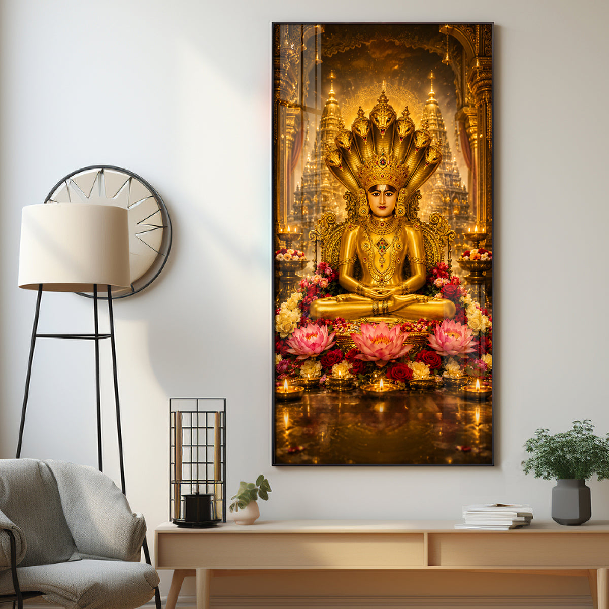Divine Lord Parshvanath Golden Idol Lotus Premium Acrylic Vertical Wall Art