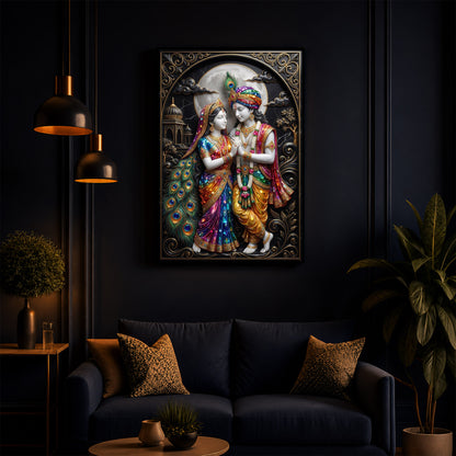 Radha Krishna With Moon Modern Luxury Backlight Vertical Wall Art