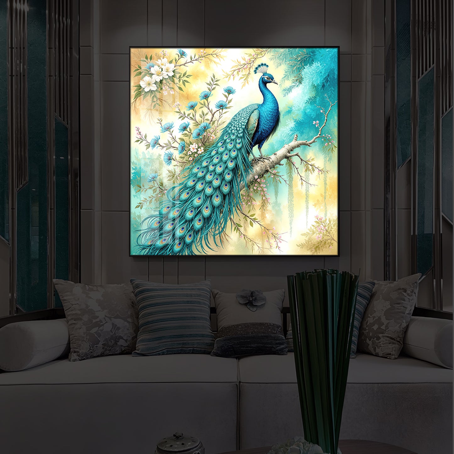Peacock Perch Art Modern Luxury Backlight Square Wall Art