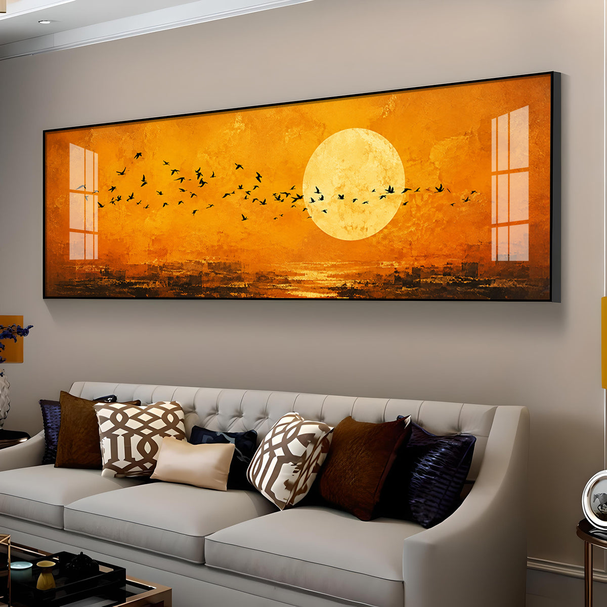 Flocking Birds Golden Sun Premium Acrylic Horizontal Wall Art