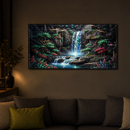Lush Mountain Waterfall Modern Luxury Backlight Horizontal Wall Art