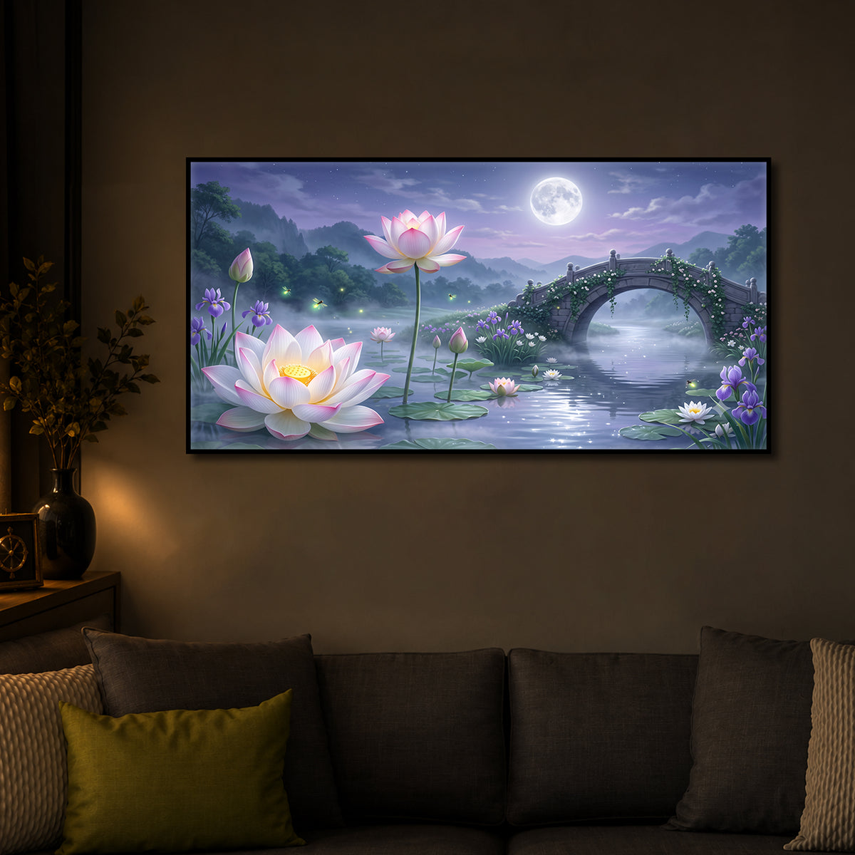 Moonlit Lotus Bridge Modern Luxury Backlight Horizontal Wall Art
