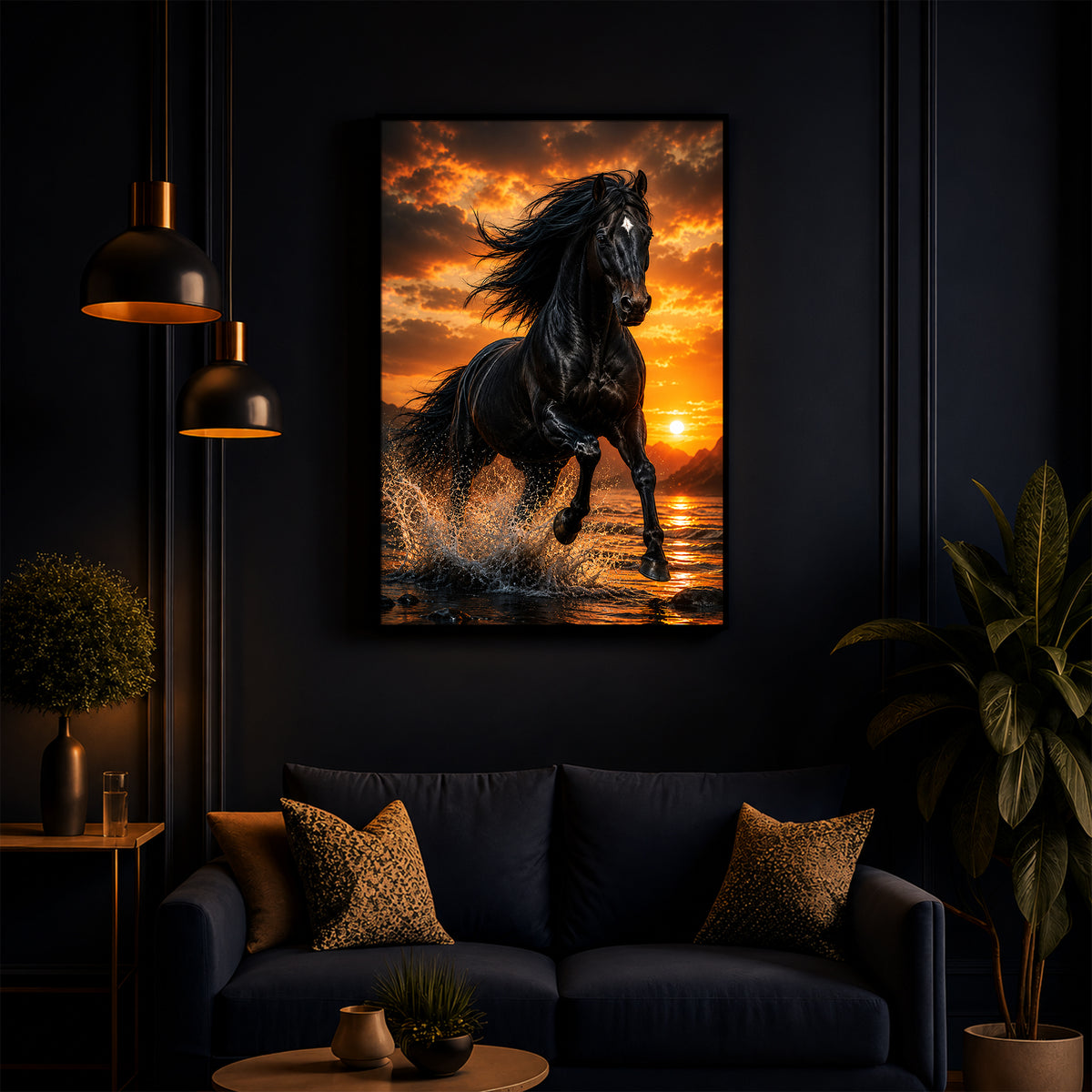Vastu Black horse Modern Luxury Backlight Vertical Wall Art