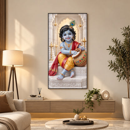 Little Krishna With Makhan Matki Premium Acrylic Vertical Wall Art