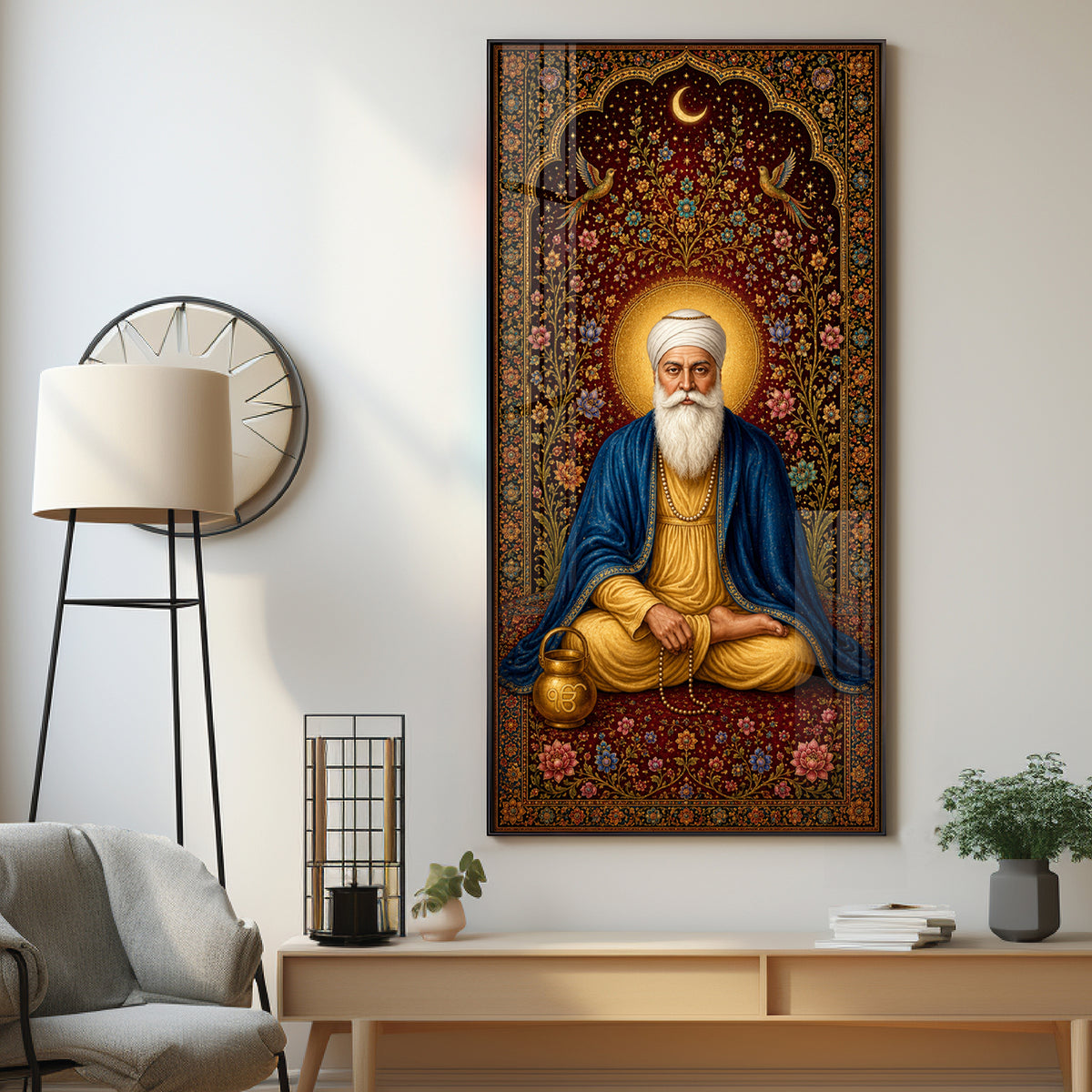 Guru Nanak Dev Ji Seated Meditation Blue Shawl Premium Acrylic Vertical Wall Art