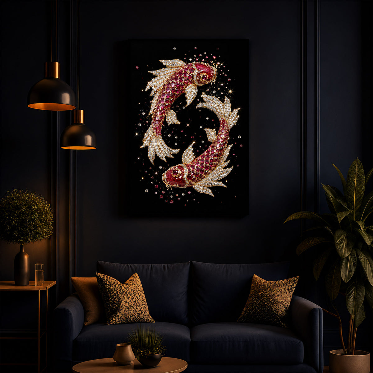 Koi Fish In Ruby Diamond Modern Luxury Backlight Vertical Wall Art
