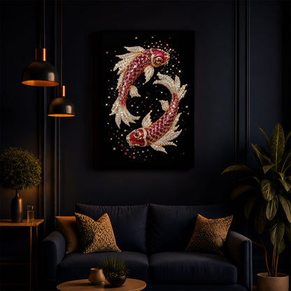 Koi Fish In Ruby Diamond Modern Luxury Backlight Vertical Wall Art