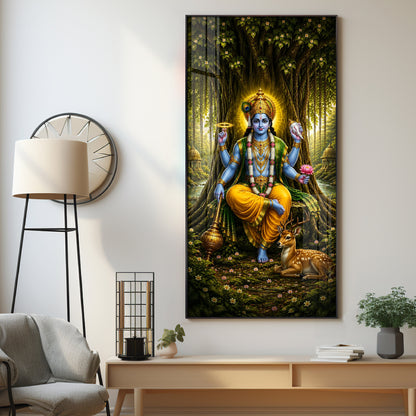 Divine Lord Vishnu In Forest Premium Acrylic Vertical Wall Art