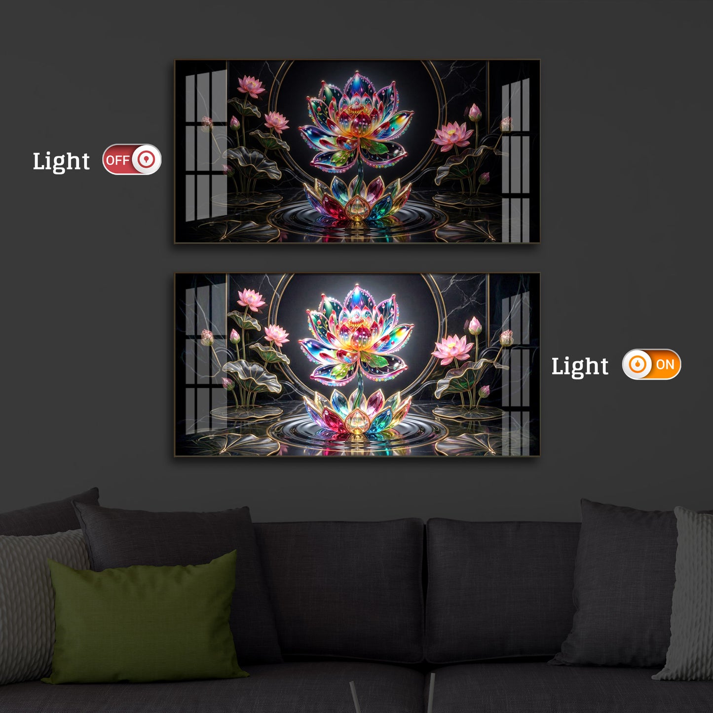 Colorful Lotus Flower Modern Luxury Backlight Horizontal Wall Art
