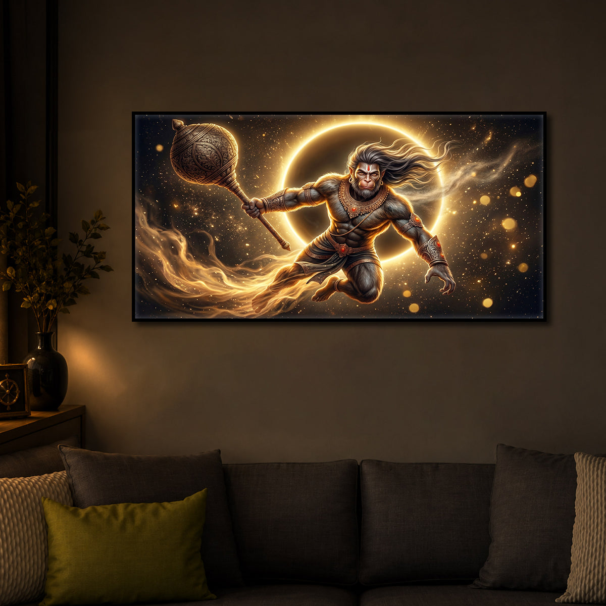 Lord Hanuman With Gada Modern Luxury Backlight Horizontal Wall Art
