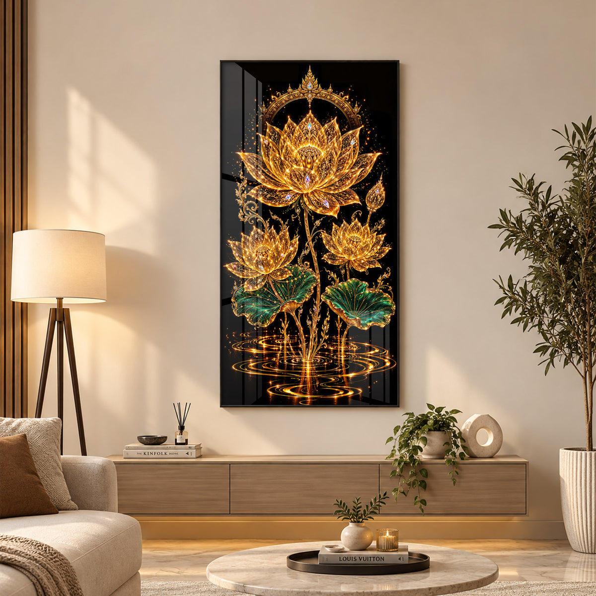 Sacred Golden Lotus Bloom Premium Acrylic Vertical Wall Art
