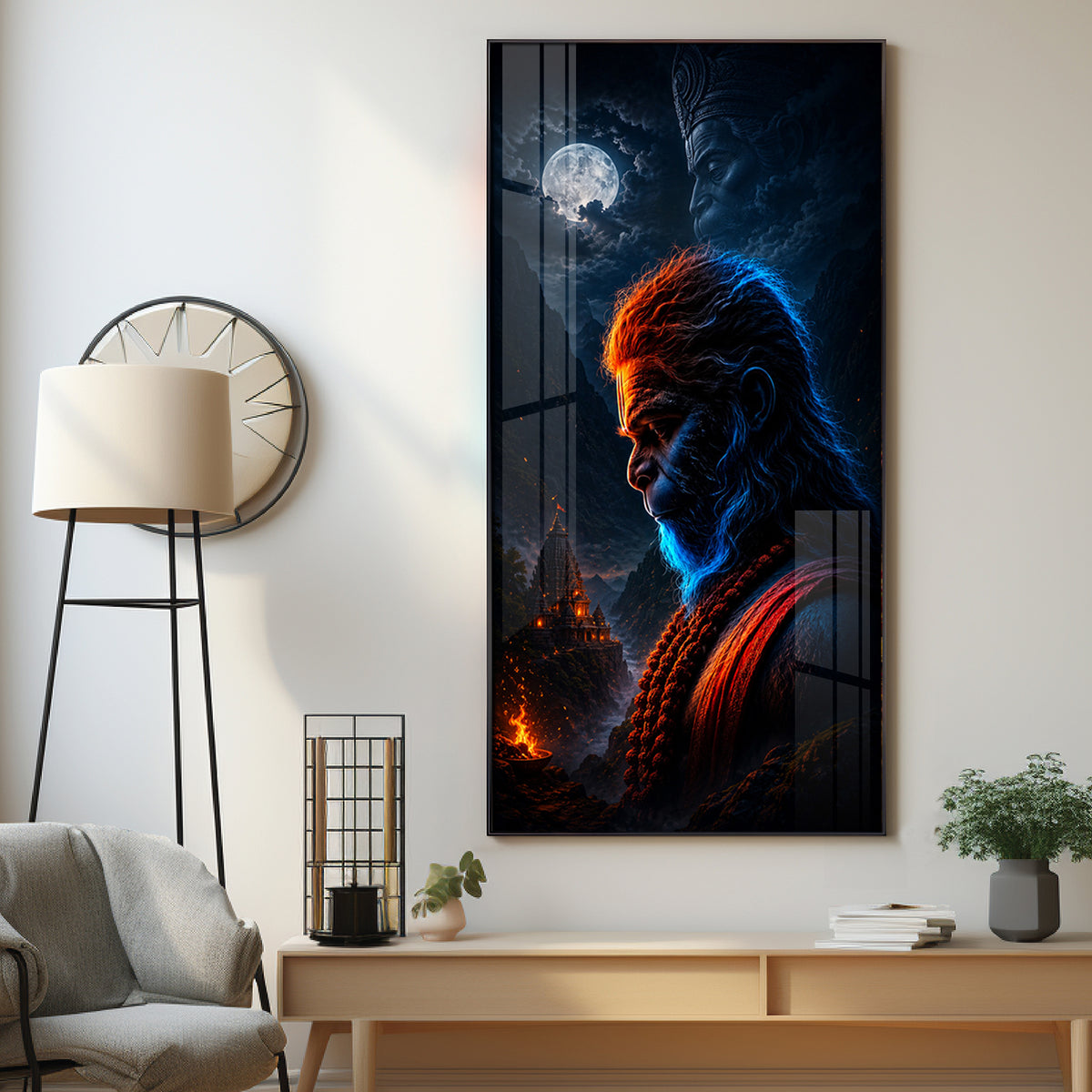 Sacred Rudra Hanuman Moonlit Premium Acrylic Vertical Wall Art