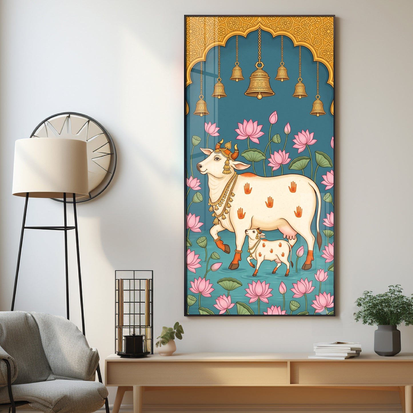Pichwai Cow & Calf Premium Acrylic Vertical Wall Art