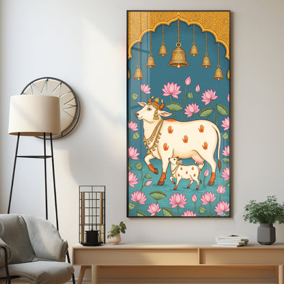 Pichwai Cow & Calf Premium Acrylic Vertical Wall Art