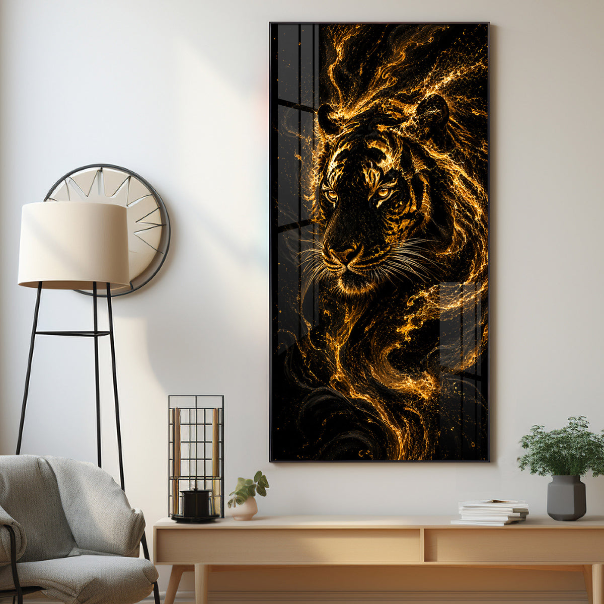 Majestic Golden Fire Tiger Premium Acrylic Vertical Wall Art
