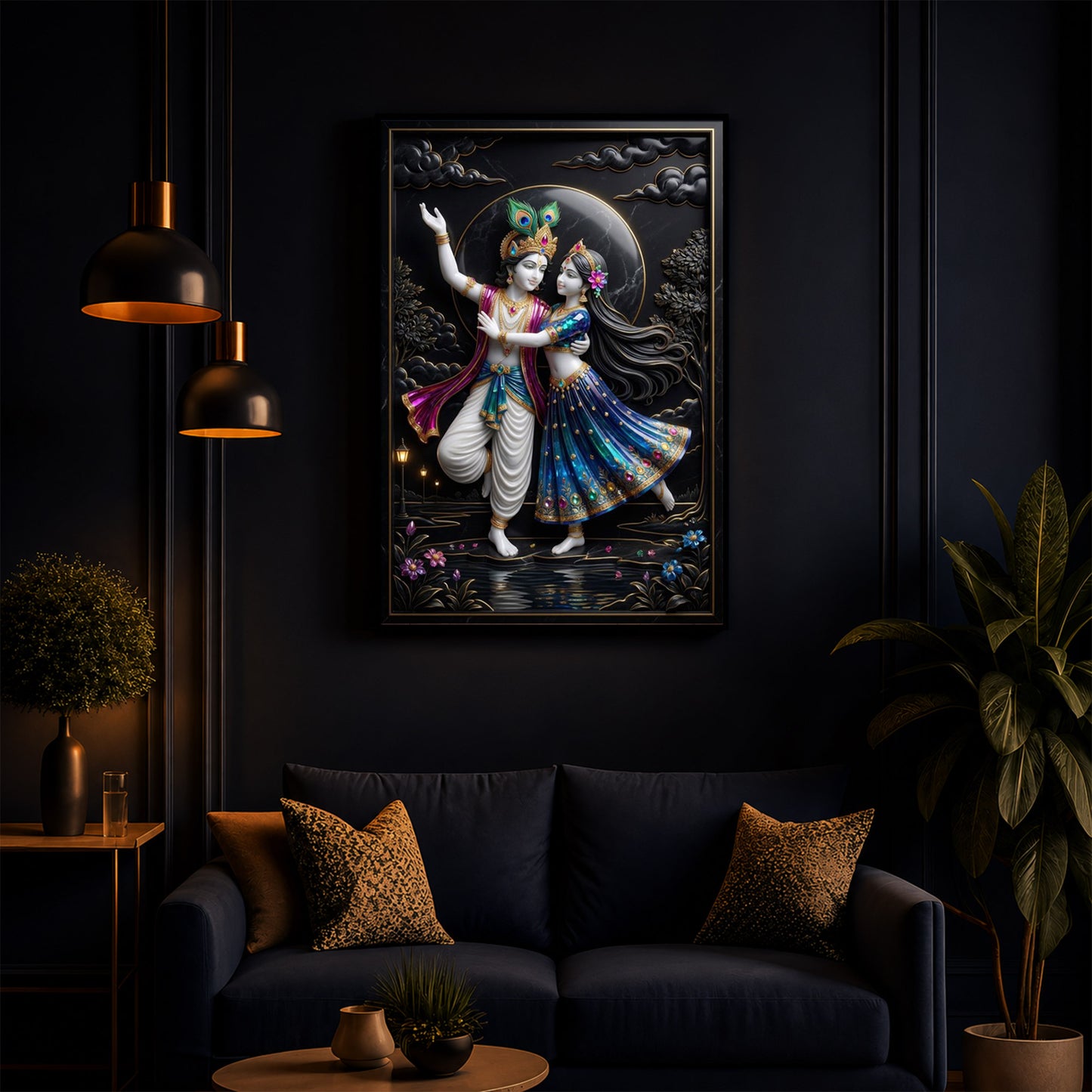 Radha Krishna Dancing Together Modern Luxury Backlight Vertical Wall Art