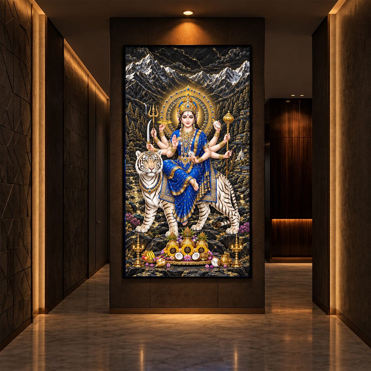 Maa Durga In Blue Saree Modern Luxury Backlight Vertical Wall Art