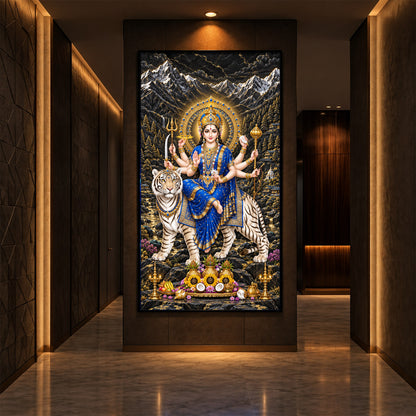 Maa Durga In Blue Saree Modern Luxury Backlight Vertical Wall Art