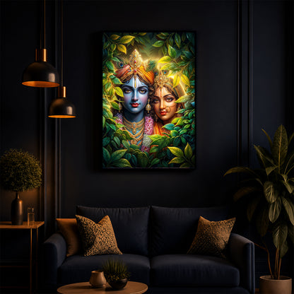 Lord Radha Krishna With Nature Modern Luxury Backlight Vertical Wall Art