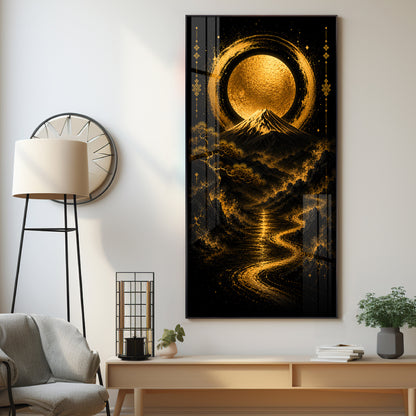Golden Moon & Sacred Mountain Landscape Premium Acrylic Vertical Wall Art