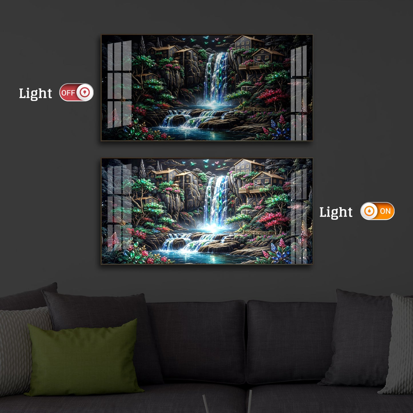 Lush Mountain Waterfall Modern Luxury Backlight Horizontal Wall Art