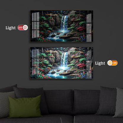 Lush Mountain Waterfall Modern Luxury Backlight Horizontal Wall Art