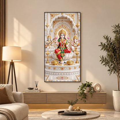 Divine Maa Saraswati, Laxmi & Lord Ganesh Ji Premium Acrylic Vertical Wall Art