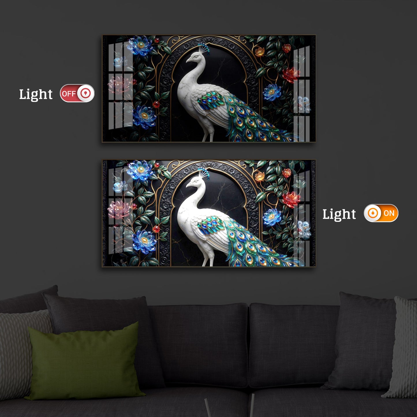 Majestic Peacock With Flower Modern Luxury Backlight Horizontal Wall Art